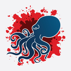 Octopus designed on splash blood background graphic vector.