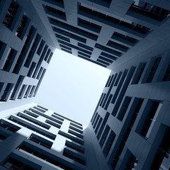 Obraz premium Dark Inner space of tall office tower. 3d