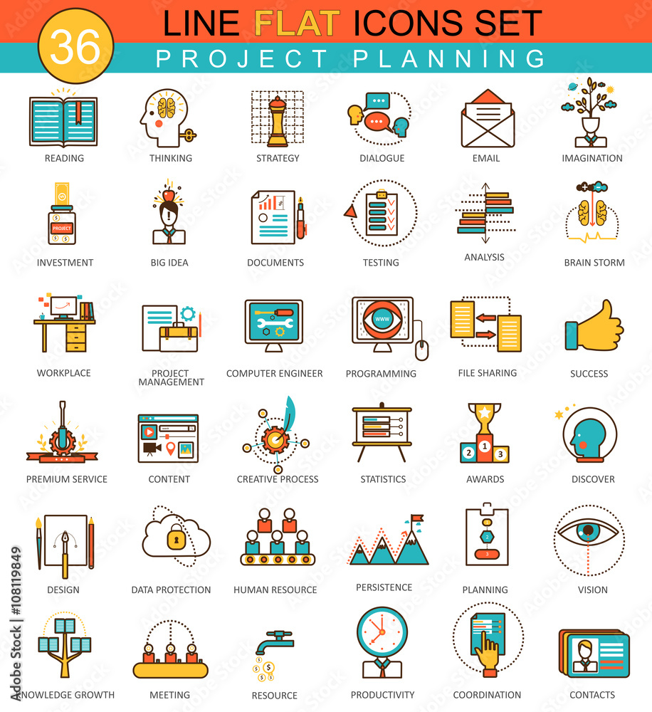 Poster Vector Project planning flat line icon set. Modern elegant style design  for web.