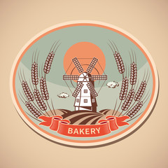 Bakery label with old mill and wheat. Vector illustration.
