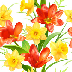 Seamless pattern with tulips and daffodils. Vector illustration.