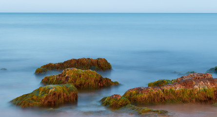 Long Exposure Shot of Sea And Rocks with Seaweeds