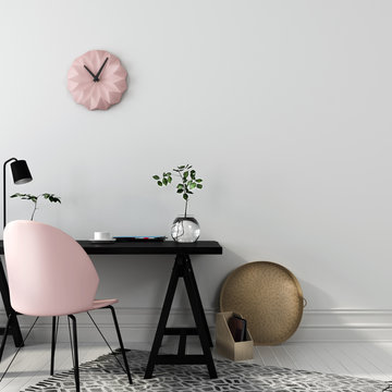 Stylish workplace with a pink chair