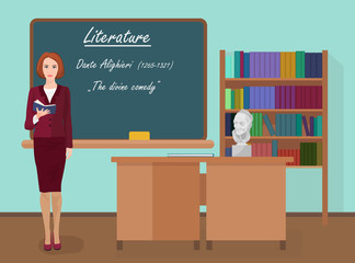 School Literature female teacher in audience class concept. Vector illustration.