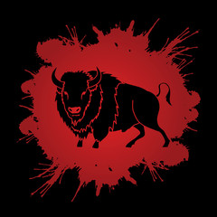 Fototapeta premium Buffalo standing designed on grunge blood background graphic vector.