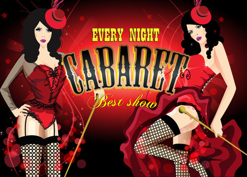 Two Cabaret dancer in a red corset. Retro  poster.