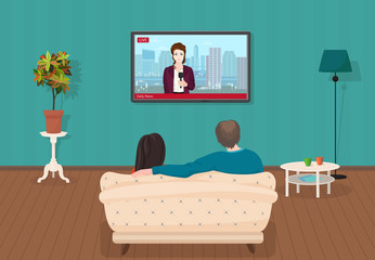 Young family man and women watching TV daily news program together in the living room. Vector illustration.