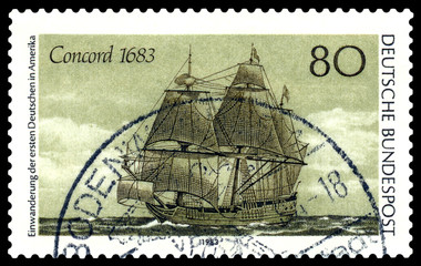 Postage stamp. Sailing ship Concord 1683.