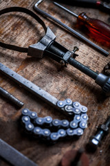 Tools on wooden plank