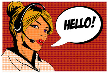 Girl operator call center. Comics style.