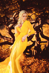 beautiful lady in a long yellow dress walks among the enchanted forest , princess, queen, fantastic Fotoshoot fashionable toning, creative color.