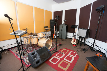 Microphones And Musical Instrument In Studio