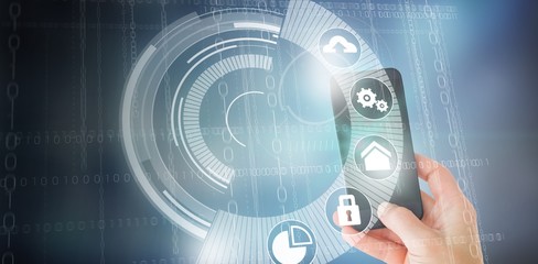 Composite image of female hand holding a smartphone