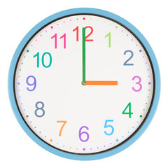 Colorful clock showing three o'clock