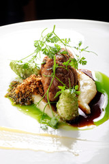 Haute cuisine, roast beef with potato purree and parsley