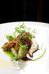 Haute cuisine, roast beef with potato purree and parsley