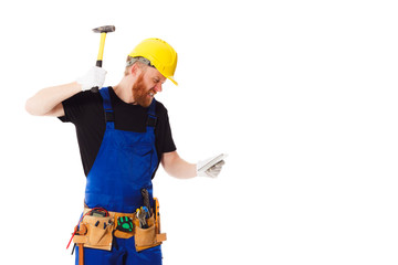 Man builder with set of construction tools, isolated