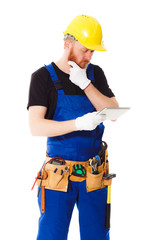 Man builder with set of construction tools, isolated