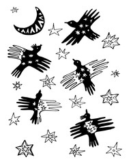 
drawing abstract fantasy, black and white bird in the starry sky sketch doodle pattern vector illustration