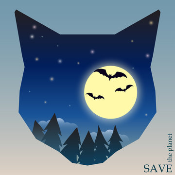 night forest with bats and moon in silhouette of cat