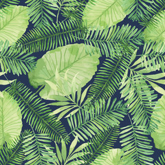 Tropical seamless pattern with leaves. Watercolor background with tropical leaves. - 108126805