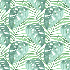 Tropical seamless pattern with leaves. Watercolor background wit