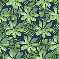 Tropical seamless pattern with leaves. Watercolor background with tropical leaves. - 108126821