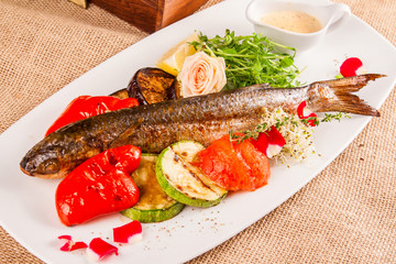 Baked seabass with grilled vegetables