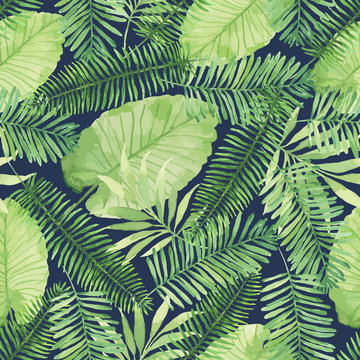 Tropical seamless pattern with leaves. Watercolor background with tropical leaves.