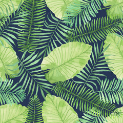 Fototapeta na wymiar Tropical seamless pattern with leaves. Watercolor background wit