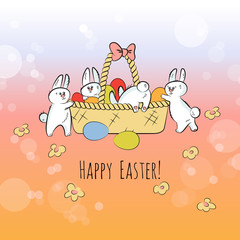 Easter card with rabbits, eggs and basket