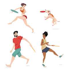Set of vector illustrations of people playing flying disc. In cartoon style