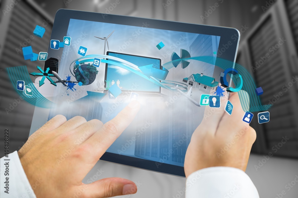 Poster composite image of man using tablet pc