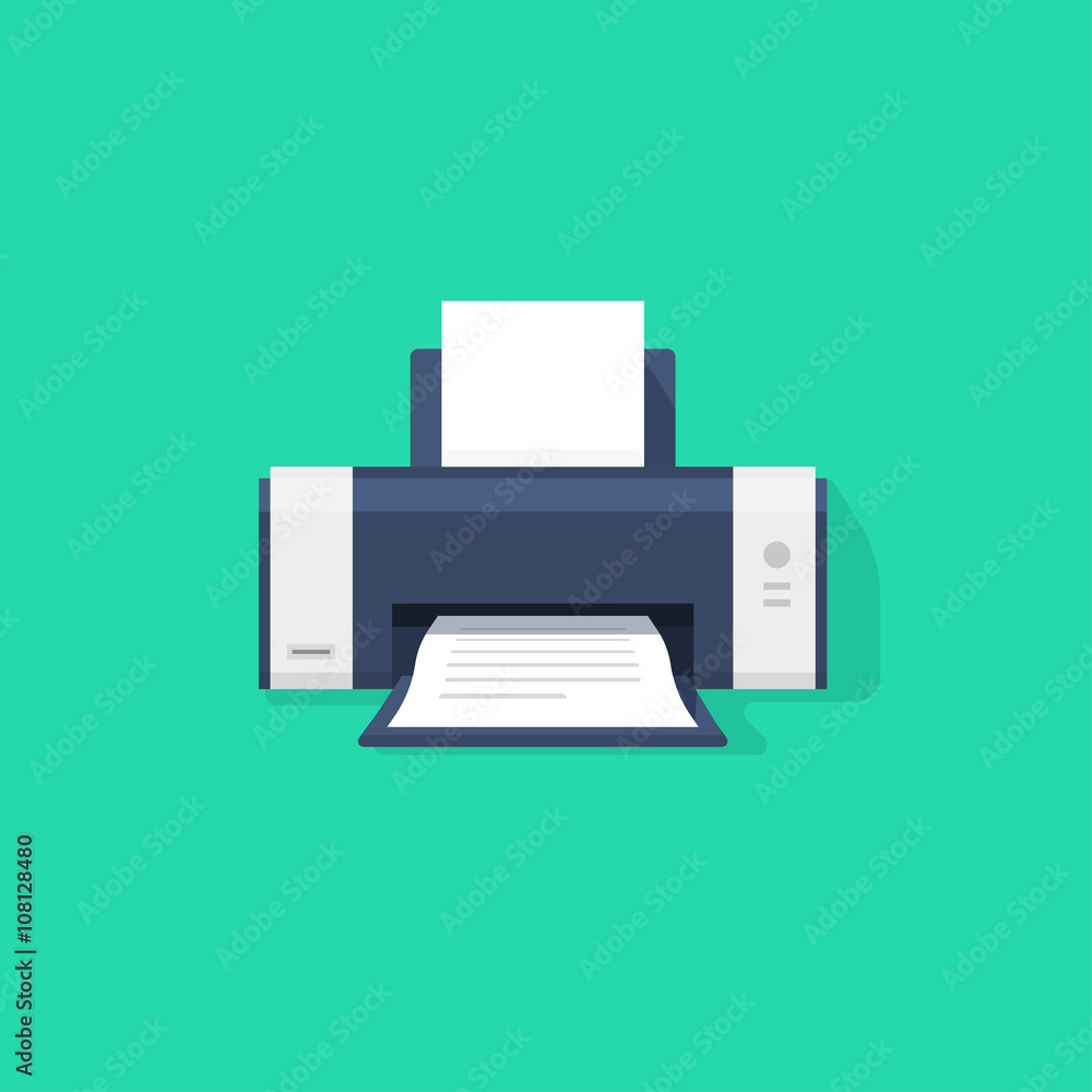 Poster printer flat vector icon with shadow, printer with paper a4 sheet and printed abstract text document