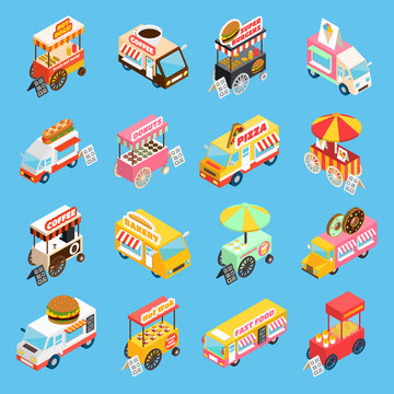 Street Food Carts Isometric Icons Set 