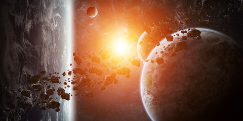 Sunrise over group of planets in space © sdecoret