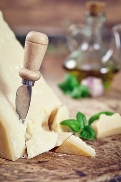 Parmesan Cheese with Basil Leaves 