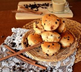 Freshly baked traditional dutch buns with chocolate chips