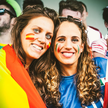Female Fans, Spain and Italy Together at the Stadium