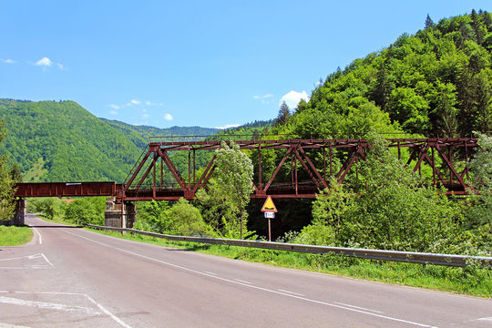 Iron bridge in Rakhiv, Ukraine. Rakhiv is a Geographical centre of Europe