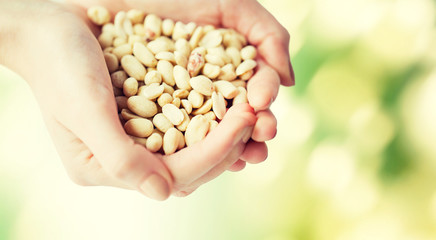 close up of woman hands holding peeled peanuts