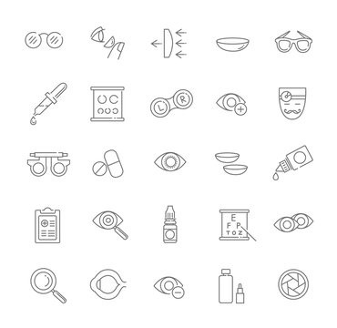 Oculist optometry vision correction eyes health black icons set isolated vector illustration