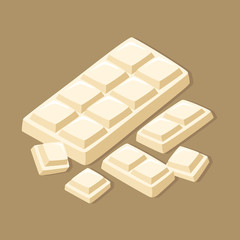 White Milk Chocolate Bar and Pieces in Dark Brown Background