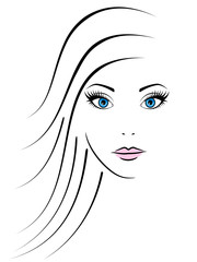 Young woman face with blue eyes on white background