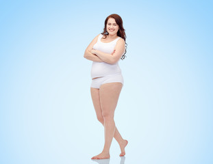 happy plus size woman in underwear