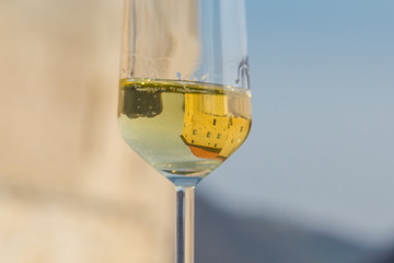 Glass of sparkling white wine and castle reflection in it.