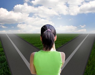 Girl with a choice near the forked road