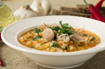 Soup with chicken and rice.