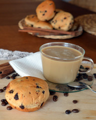 Buns with chocolate chip on a plate and coffee cup