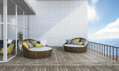 3d rendering round sofa on plank terrace near the sea